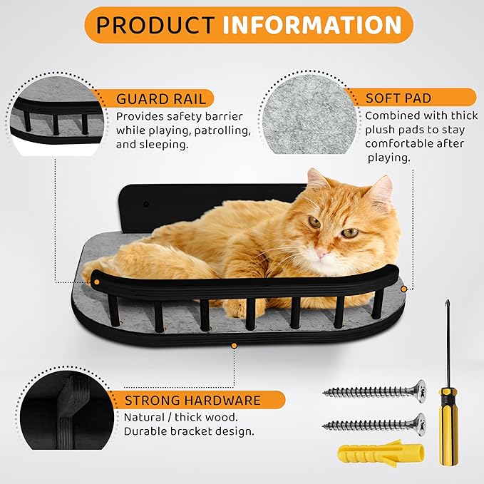 Cat Wall Shelves – 3 Steps Climbing Furniture & Perch for Indoor Cats up to 30lbs, Wooden Floating Shelf with Non-Slip Pad Bed, Modern Corner & Wall Mounted for Playing and Lounging - Black