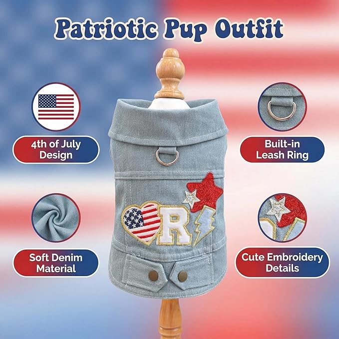 Trendy Dog Denim Vest with Embroidered Patches, Cute Puppy Jacket with D-Ring, Lightweight Pet Clothes for Small Dogs, Stylish Summer Outfit(L)