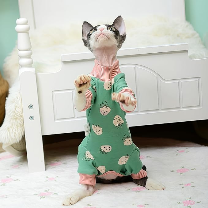 Sphynx Cat Sweater –Hairless Cats Shirt Pullover Kitten T-Shirts with Belly-Wrap Protection, Soft-Stretch Winter Clothes for Hairless Cats, Indoor Kitten Apparel (Pink&Green, X-Large)