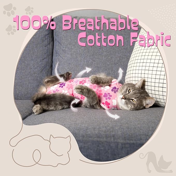 Cat Recovery Suit – Soft Breathable Cat Onesie for Female & Male Cats After Surgery, Spay, Neuter or Wounds, Cat Surgery Suit, Recovery Suit for Cats, Cone Alternative, Pink Paw Print