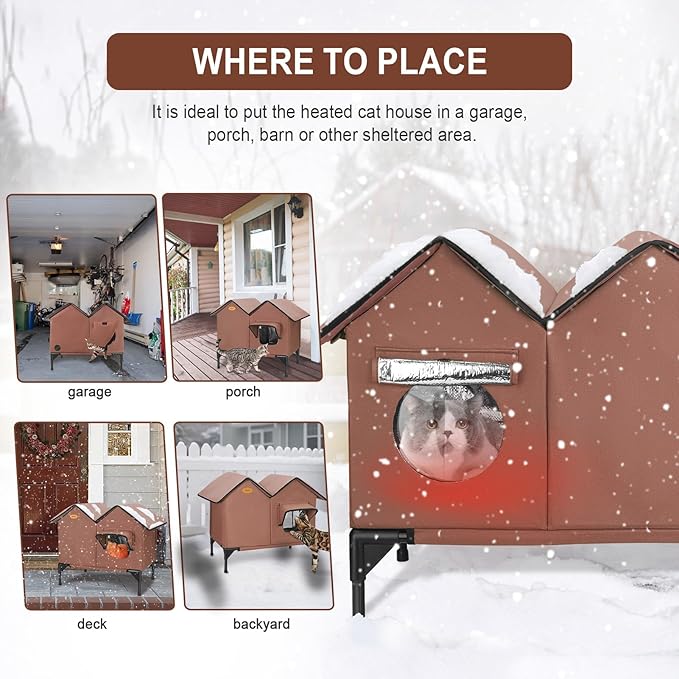 Heated Cat House for Outside in Winter Insulated Elevated Outdoor Cat House Weatherproof, Escape Door, Large Feral Cat Shelter Heated Bed for 2~3 Cats Stray Barn Kitty, Easy Assembly