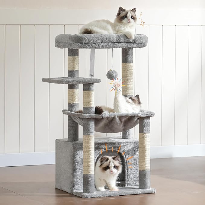 Heybly Cat Tree, Kitten Tower with Large Soft Cat Basket,Cat Condo with Spacious Cat Bed Cave with Hidden Space，Sisal-Covered Scratching Posts,Dangling Ball for Indoor Cats, Light Gray HCT008SW