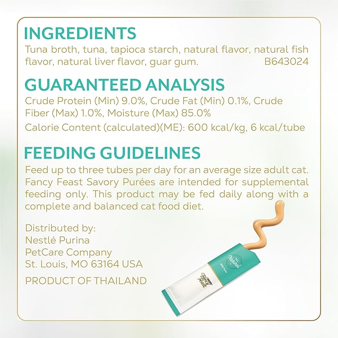 Purina Fancy Feast Squeezable Cat Treats Tube, Savory Puree Naturals with Natural Tuna in a Demi-Glace - 0.35 Ounce (Pack of 12)