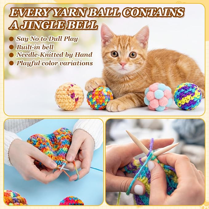 Shappy 16 Pack Cat Toys Balls & Woolen Yarn Cat Ball Toy with Bell Inside, Kitten Toys for Indoor Cats Kitty Fuzzy Cartoon Balls