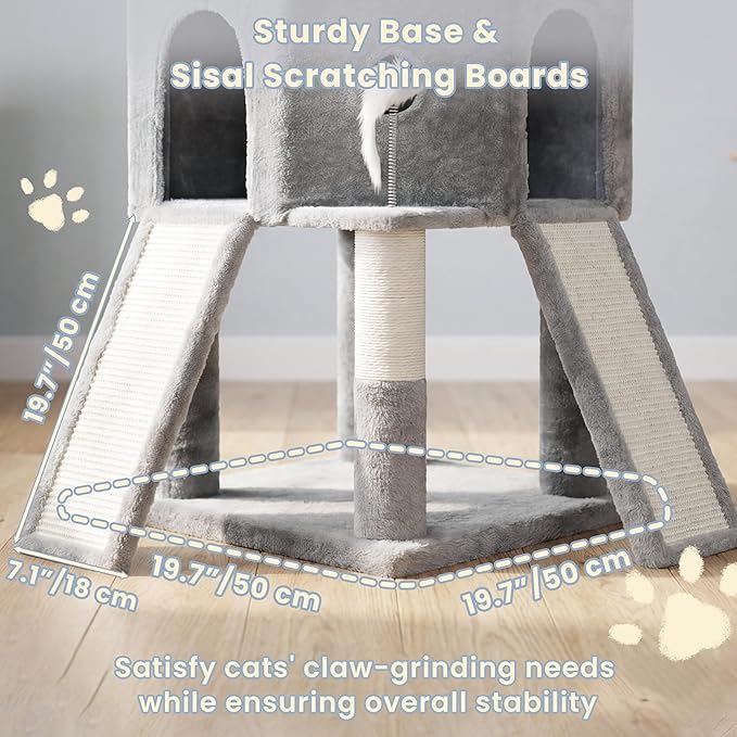 Cat Tree, 73-Inch Sturdy Corner Cat Tower with Wide Top Perch, Cat Furniture with 2 Spacious Condos, 2 Cozy Baskets, 2 Scratching Boards & Interactive Toy for Large Cat, Light Grey VCT021W