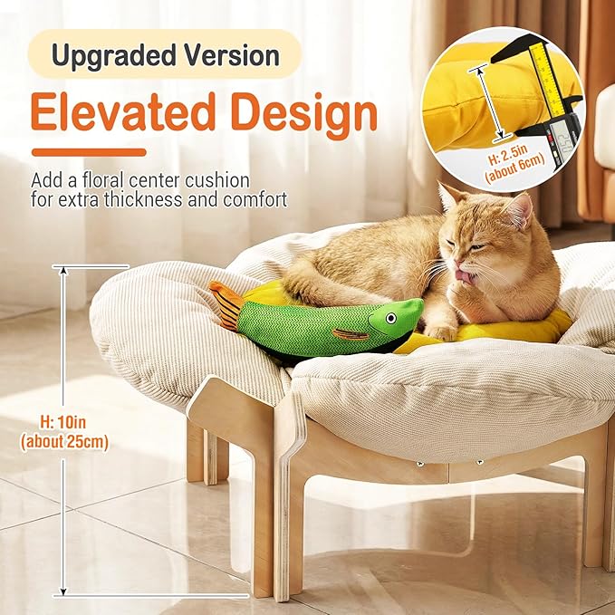 Elevated Flower Cat Bed with Thickened Soft Cushions, Aesthetic Raised Cat Chair for Indoor Cats, Wooden Cats Furniture with Toy, 39lbs Capacity (Beige Petal & Yellow Center)