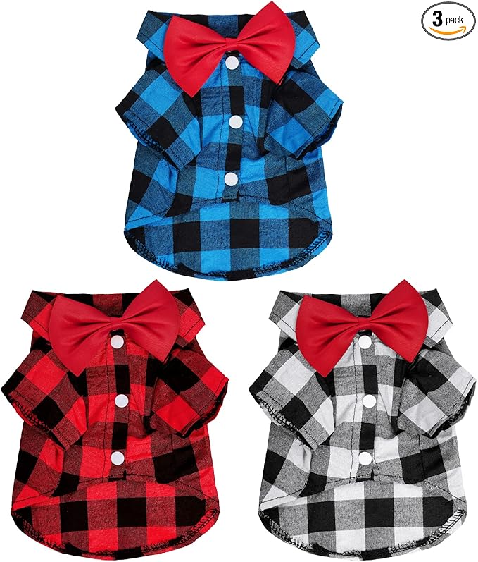 Tongcloud 3 Pack Plaid Puppy Cat & Dog Shirts for Extra Small Dogs & Cats - Birthday Party & Holiday Photos (Red, Blue & White, XX-Large)