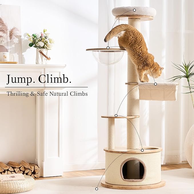 797Audio Modern Wood Cat Tree Tower, 64" Cat Tree with Sisal Scratching Posts, Condo, Capsule, Hammock for Indoor Cats, Solid Rubber Wooden Cat Tree, Multi-Level Tree for Large Adult Cat