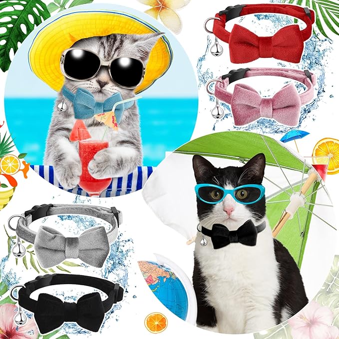 4 Pieces Cat Bow Tie Collar with Bell Breakaway Cat Comfortable Velvet with Cute Safety Pet Collar for Pet Kitten Puppy(Small,Black, Red, Gray, Pink)