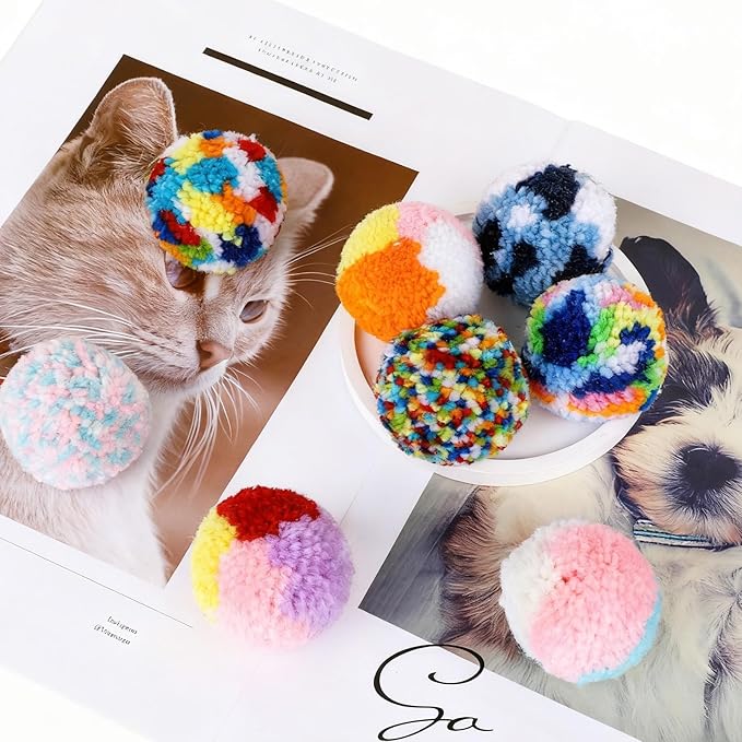 8 Pcs Woolen Yarn Cat Ball Toys Assorted Color Soft Fuzzy Pom Pom Balls Interactive Cat Chasing Toys for Indoor Cats Kittens