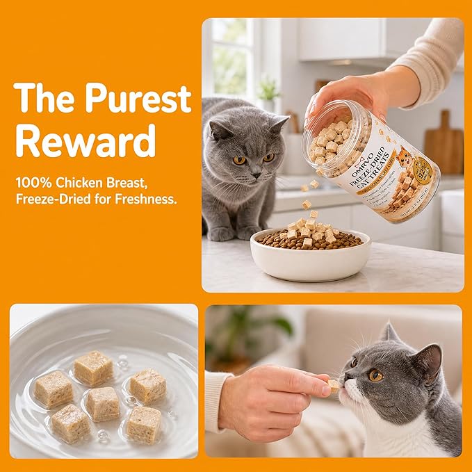Freeze-Dried Cat Treats, 92%+ High Protein Chicken Breast Cubes, Single Ingredient Grain-Free Cat Snacks & Food Topper for Kittens & Adult Cats, 2.8 oz