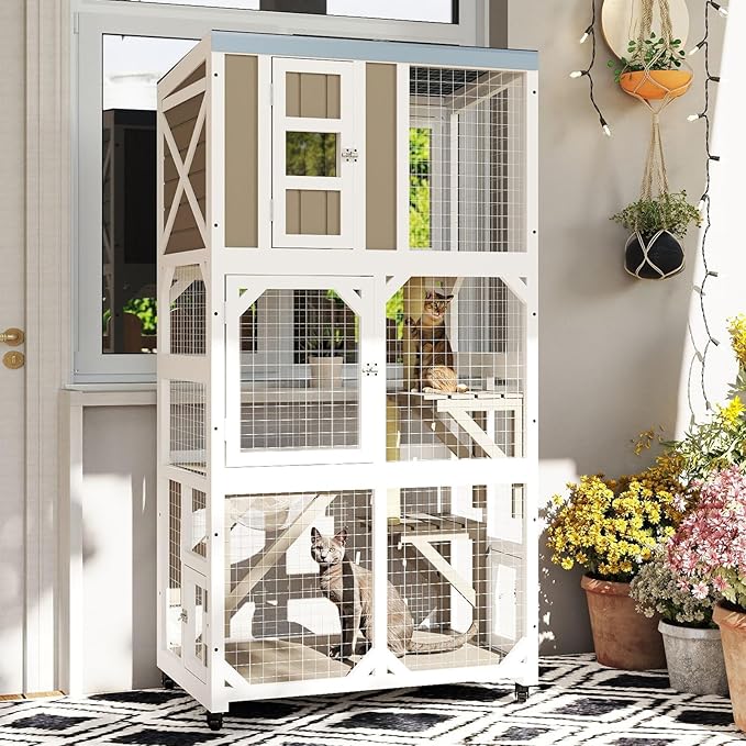 Ketive 64" Large Wooden Catio Outdoor Cat Enclosure, Window Cat House with Wheels & 3 Platforms, Kitty Cage with Weatherproof Roof for Multiple Cats (Gray)