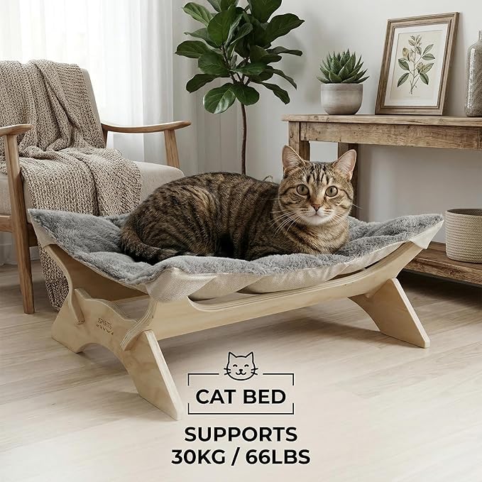 JSPYFITS Elevated Cat Bed Hammock, Raised Orthopedic Dog Bed with Dual-Sided Plush & Linen Cushion, Modern Cat Furniture for Medium to Large Cats, Easy Assembly(Gray)