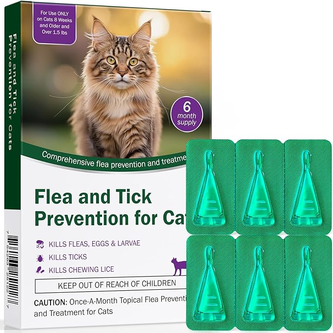 Flea and Tick Prevention for Cats & Kittens - Topical Waterproof Cat Flea and Tick Treatment – Fast-Acting & Long - Control for Cats Over 1.5 lbs and 8 Weeks or Older Supplement– 6-Dose Supply