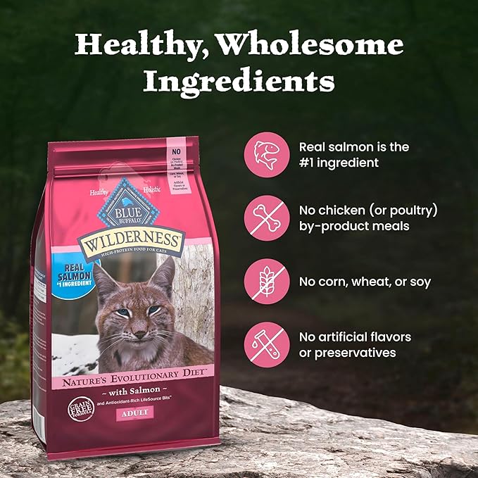 Blue Buffalo Wilderness High Protein Grain Free Dry Food for Adult Cats, 40% Protein, with Salmon, 15 lb. Bag