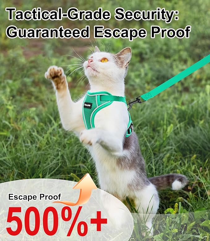 Cat Harness and Leash for Walking Escape Proof Soft Adjustable Cat Leash Breathable Comfortable Vest Easy to Wear Kitten Harness for Outdoor Travel (Emerald, S (7-12lb))