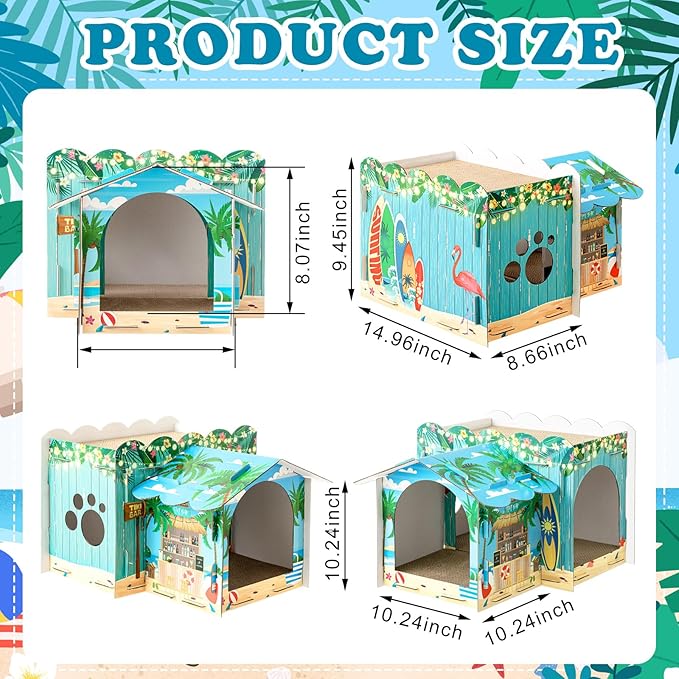 Lineshading 2 Story Cardboard Cat House with Scratcher Pad, Multi Level Durable Cat Scratcher House for Small Kitten Bunny Rabbit Animals Christmas Birthday Gift(17x12x10,Hawaii)