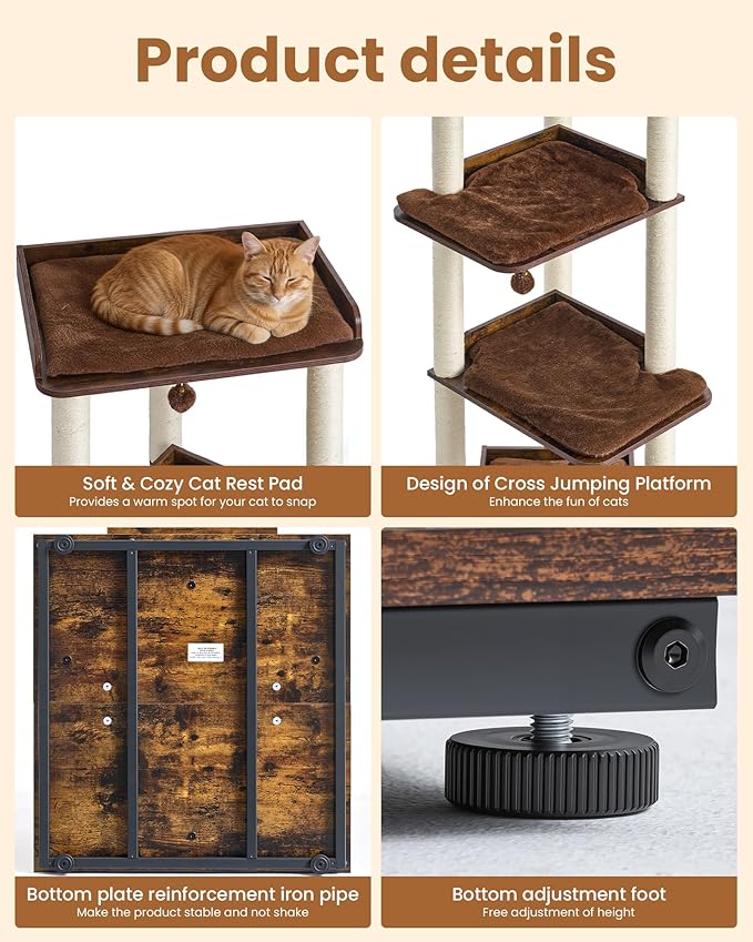 FourFurPets Heavy Duty Cat Tree, 67.7" Cat Tree for Indoor Cats Large Adult, Modern Cat Tower for Large Cats, Cat Tower with Scratching Post, Large Perch and Removable Pads, Rustic Brown