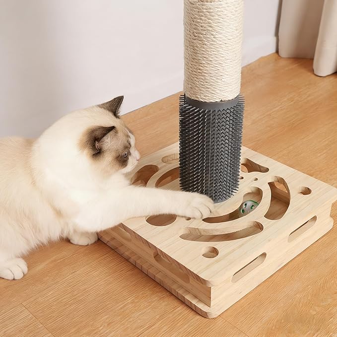 20.5 Inch Cat Scratching Post, 4-in-1 Interactive Maze Base with Cat Self Groomer, Natural Pine Wood & Premium Sisal Scratching Pole, Anti-Slip Detachable Design for Indoor Cats