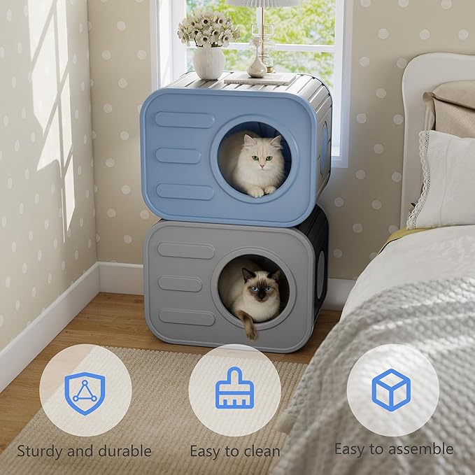 Double Outdoor Cat House Stack Design, Cat Houses for Outdoor Cats Camera Appearance Ventilated Spacious Stackable with Large Door for Several Feral Cats Outside Cat Shelter for Large Pet (Blue)