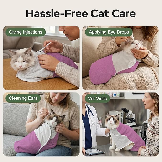 Cat Wrap for Cutting Nails, Self-Adhesive Cat Nail Clipping Restraint Bag, Anti-Scratch Cat Grooming Swaddle for Meds, SubQ Fluids, Ear Cleaning, Teeth Brushing & Vet Visits,Pinkish Purple,S