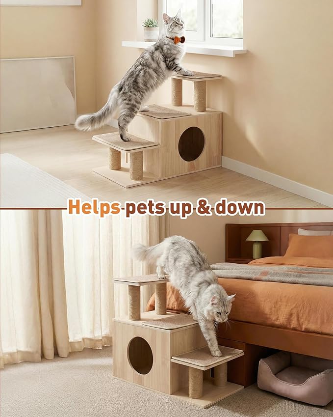 3-in-1 Pet Stairs for Cats, 7.87" Depth Pet Steps for Cat, Wood Cat Stairs for High Bed and Sofa, 1 Condo Cave, Scratching Post, Sturdy Indoor Pet Stairs with Non-Slip Carpet Pads