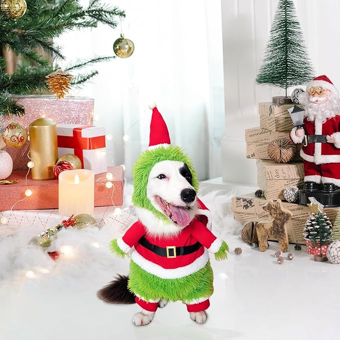 NACOCO Dog Christmas Furry Costume - Xmas Halloween Dog Cosplay Clothes with Cape Hat Green Monster Funny Uniform Santa Outfits Party Favors Apparel Warm Winter (Green, XS