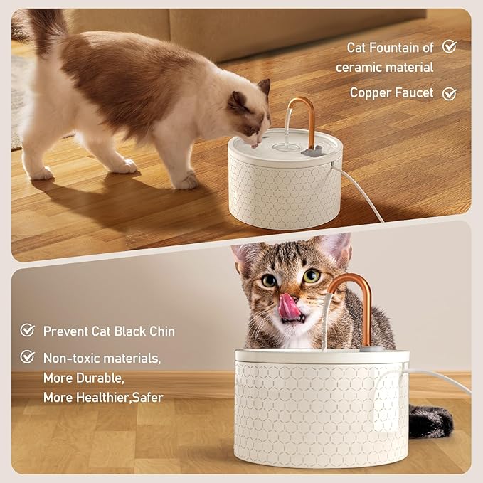 MISFANS Ceramic Cat Water Fountain - 2.1L/71oz - Honeycomb Embossed All-Ceramic Body & Pure Copper Spout - Non-Toxic & Automatic Pet Drinking Fountain Indoor with Ultra-Quiet Pump, 3 Filters & Sponge