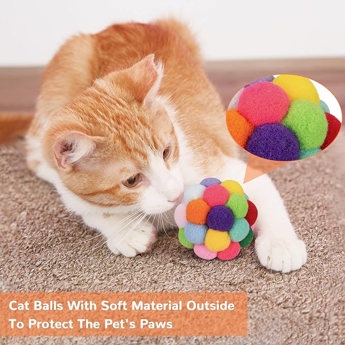 Retro Shaw Cat Toys Balls, 6Pcs Woolen Yarn Cat Balls with Bells Inside, Interactive Kitten Toys for Indoor Cats Kitty, Soft Pompom Jingle Ball with String Cat Nip Toys