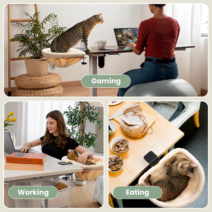 JUNSPOW Cat Desk Bed - One-Click Folding,Sunken Design & Space-Saving Semi-Circular Cat Bed, Soft Faux Rabbit Fur Material, Suitable for Various Desktops-Maximum Hold Up to 40lb