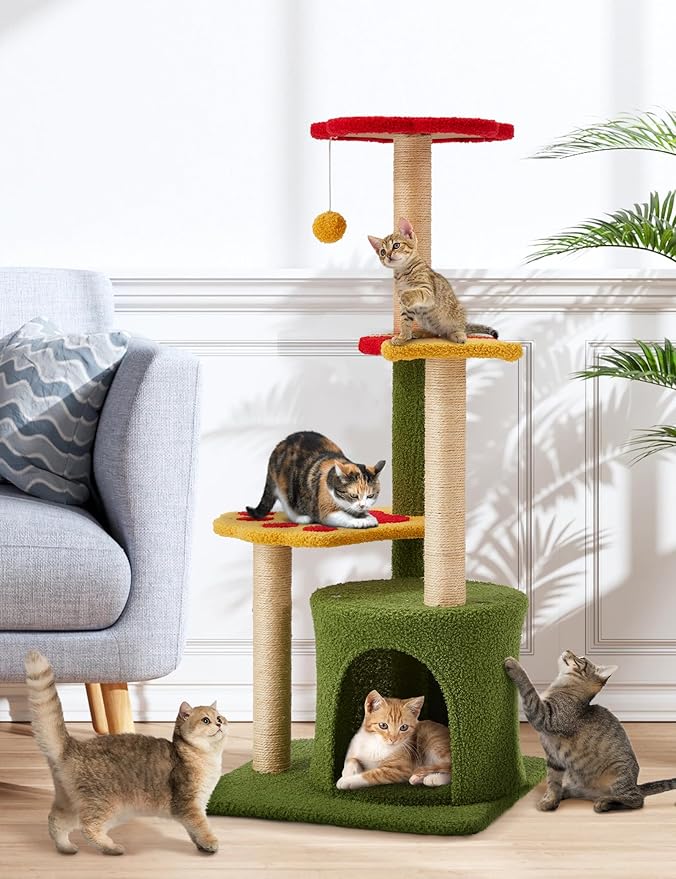 37in Cute Cat Tree, Flower Cat Tower for Indoor Cats with 3 Sisal Covered Scratching Posts, Cozy Tower Condo, Large Padded Top Perch Green Fun Cat Tree Kitty Condo Cat Furniture for Indoor Cats