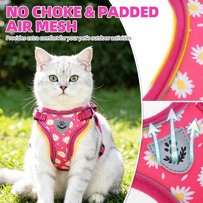 PUPTECK Cat Harness and Leash Set Escape Proof Reflective Cat Walking Harness Adjustable Soft Breathable Mesh Vest for Small Pets, Fuchsia Dasiy, S