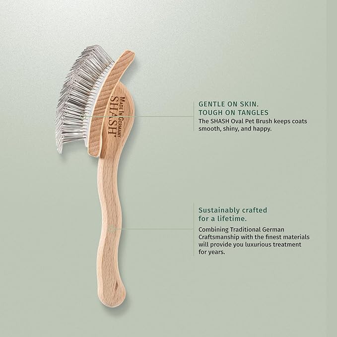 SHASH Since 1869 Hand Made in Germany Slicker Pet Brush with Curved Metal Pins and Rubber Cushion - Helps Detangle Knots, Eliminate Frizz, Reduce Pulling & Snagging