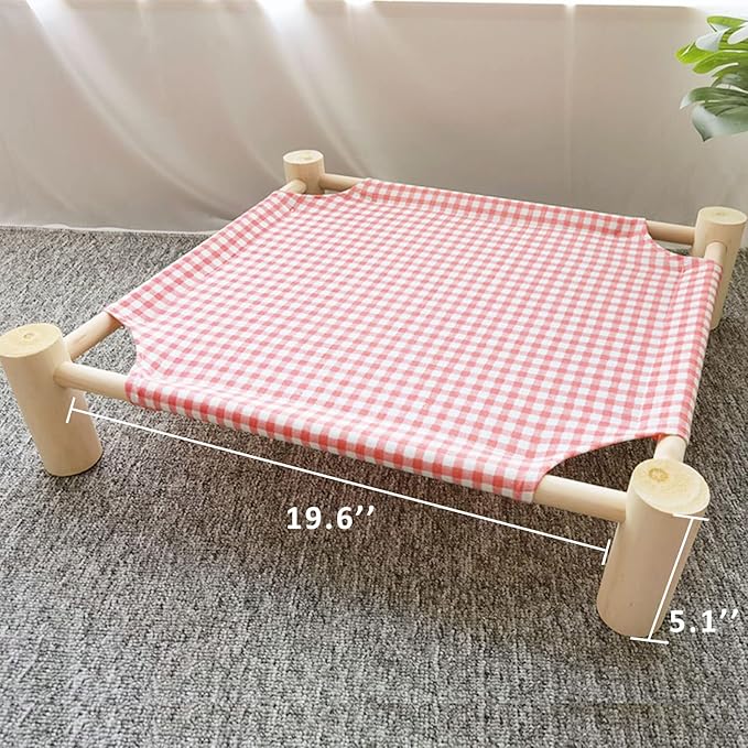 Pozico Elevated Cat & Dog Bed – Wooden Frame Pet Hammock for Small Dogs & Cats, Indoor/Outdoor Raised Bed with Breathable Mesh, Portable Pet Cot Furniture – Pink Grid