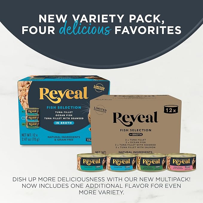 Reveal Natural Wet Canned Cat Food, 4-Flavor Variety Pack, Limited Ingredient, Grain Free, High Protein with No Artificial Additives, Fish Variety in Broth (12 x 2.47 oz Cans)
