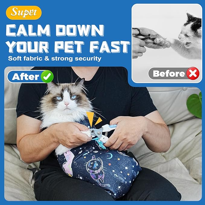 Supet Cat Grooming Wrap for Cutting Nails, 2026 Self-Adherent Cat Wrap, Anti-Escape Calming Cat Swaddle Wrap for Medicine, Nail Clipping, Teeth Brushing, Ear Cleaning (Space, XL)
