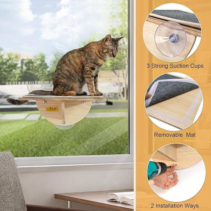 COZIWOW Cat Window Perch Hammock for Indoor Cats, 2-in-1 Installation, Cordless Cat Wall Shelf Cat Perch Window Seat with 3 Suction Cups