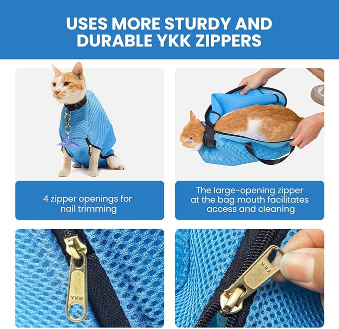 Medium 6-12 lbs Blue Cat Bathing Bag - Double Fix with Suction Cups & Adhesive Fasteners, Anti-Escape & Scratch-Resistant, Breathable & Easy to Clean, for Bathing, Nail Trimming & Travel