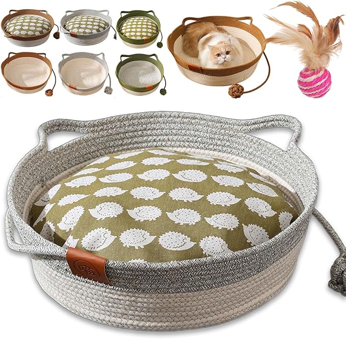 Cat Toy Baskets for Indoor Cats, Cotton Rope Woven Cat Basket Bed, Ergonomic Design with Cat Ear Handles & Interactive Teaser Ball, Soft, Breathable, Scratch-Resistant (Gray with mat,M)