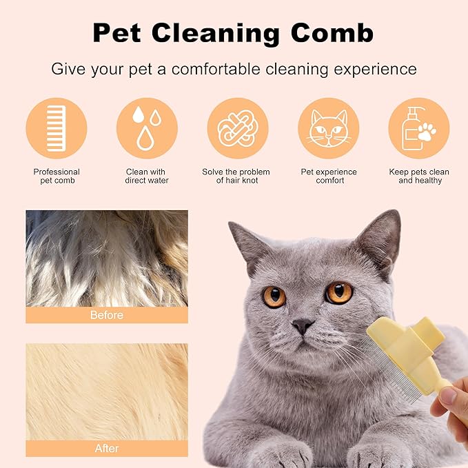 Cat Comb, Pet Hair Removal, Flea Exit, Grooming Brush with Release Button, De-Shedding Brush for Short and Long Hair Yellow