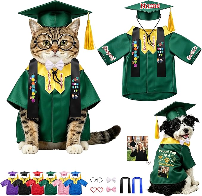 Personalized Cat Graduation Cap and Gown with Name Photo and Tassel, Custom Adjustable Pet Graduation Costume for Small Medium Large Cats Dogs Ceremony Photo Props