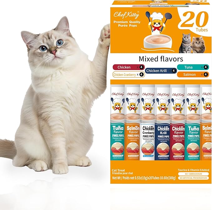 Purée Pops + Pink Feeding Spoon, Grain-Free, Lickable, Squeezable Creamy Cat Treat/Topper, 20 Tubes, Chicken and Seafood Mix Variety