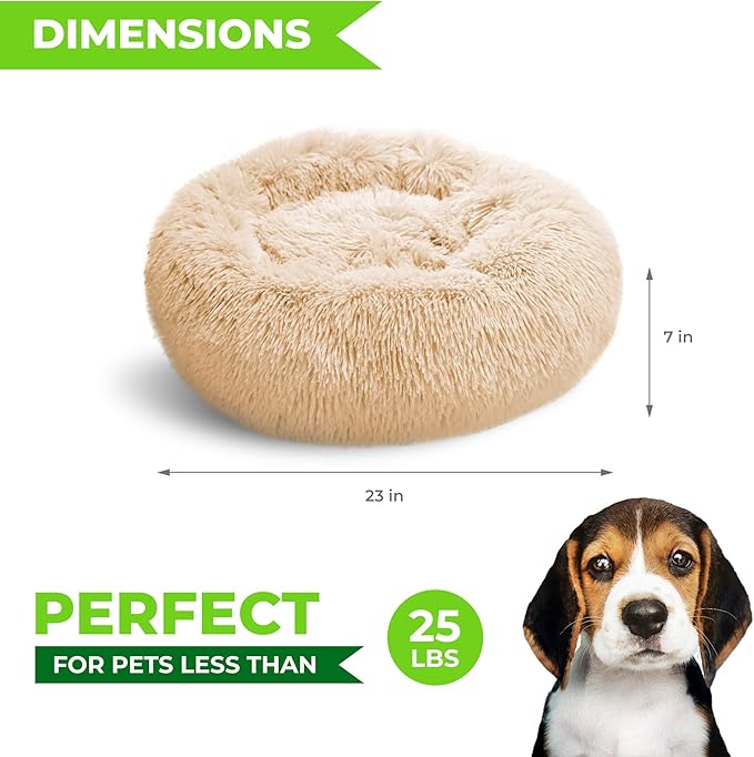 Whiskers & Friends Cat Beds for Indoor Cats, Fluffy Calming Donut Cat Bed, Small Dog Bed Washable - Orthopedic Soft Plush Pet Beds Sized for Kitten to Large Cats & Puppy to Small Dogs - Khaki