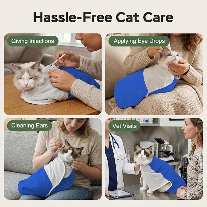 Cat Wrap for Cutting Nails, Self-Adhesive Cat Nail Clipping Restraint Bag, Anti-Scratch Cat Grooming Wrap Swaddle for Meds, SubQ Fluids, Ear Cleaning, Teeth Brushing & Vet Visits,Blue,S