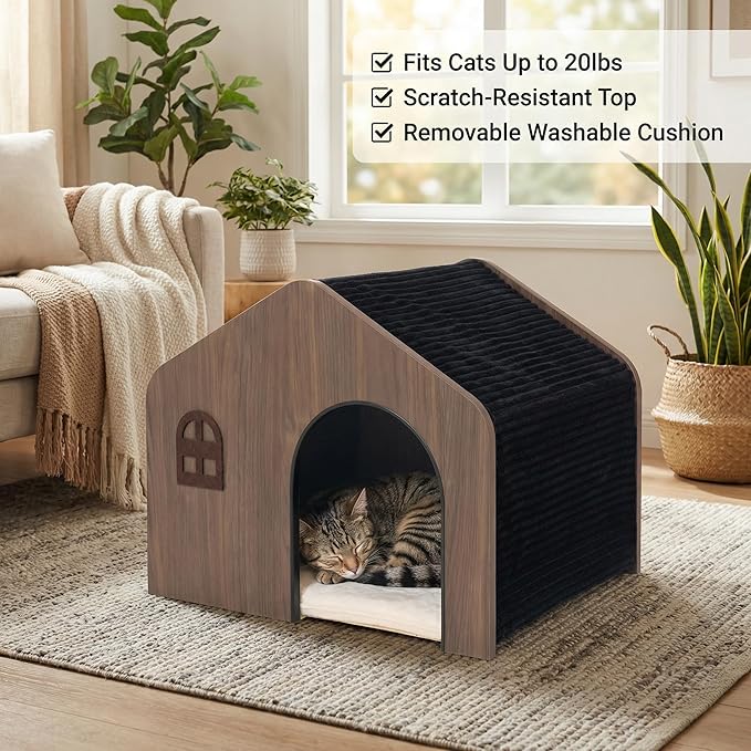 Wooden Cat House for Indoor Cats - Plush Corduroy Semi Enclosed Cat Condo, Dual Sided All Season Washable Cat Bed, Sturdy Modern Cat Furniture for Small & Medium Cats Up to 20lb/9kg