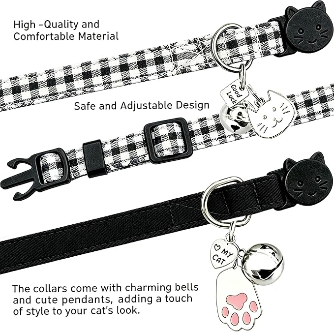 2 Pack Cotton Breakaway Cat Collars with Bell and Charms Black Solid Plaid Safety Collars for Girl Boy Cats, Cat Head and Paw Pendant Cute Kitten Collars