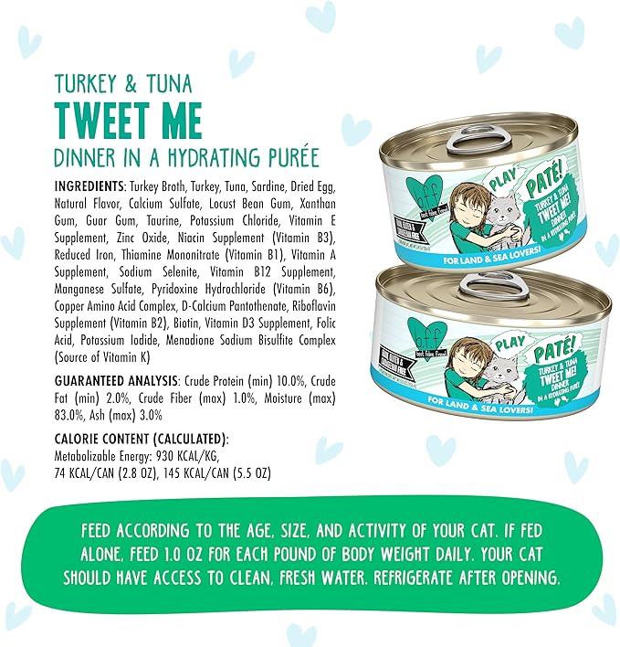 Weruva B.F.F. Play - Best Feline Friend Paté Lovers, Aw Yeah!, Turkey & Tuna Tweet Me! with Turkey & Tuna, 2.8oz Can (Pack of 12)