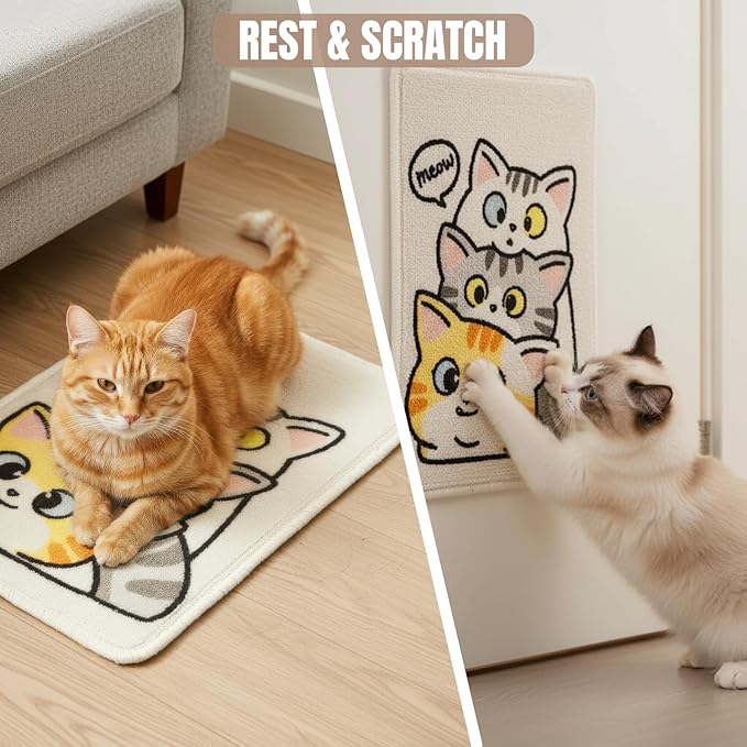 3-in-1 Cat Scratch Mat, 19.69x13.78 Inch High-Density Loop Pile Cat Scratching Pad, Indoor Cat Scratcher Bed & Furniture Protector for Couch Floor Wall