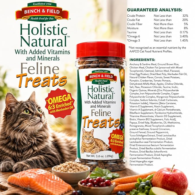 Bench & Field Holistic Natural Healthy Kitty Cat Treats | Crunchy Fish-Shaped Bites | Delicious Seafood Flavored Snack, 3-Ounce (Pack of 2 Bottles)