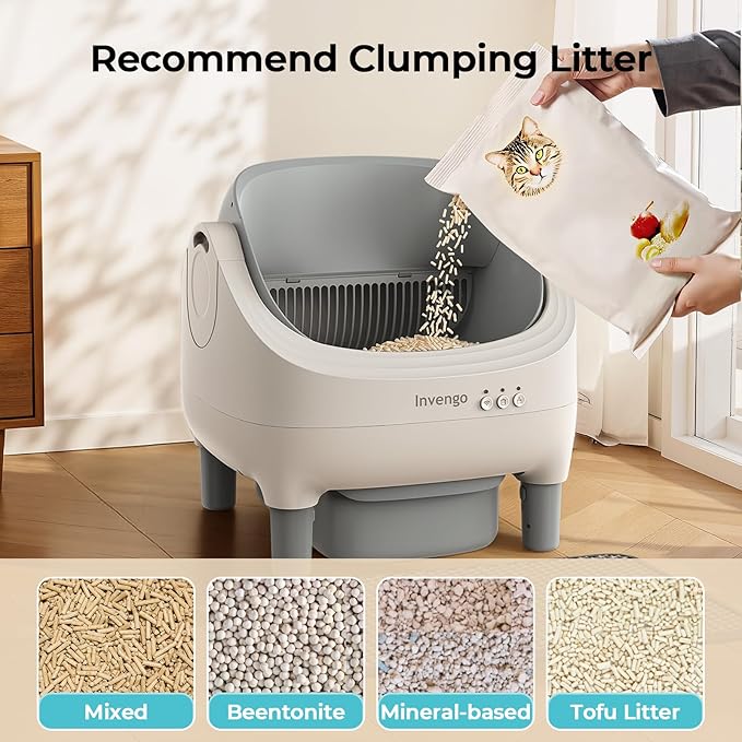 Invengo Automatic Cat Litter Box Self Cleaning, App Control, Open-Top Automatic Litter Box with Safety Sensors, Ultra-Quiet, 10.5L Waste Bin with Odor Control, 2 Rolls of Garbage Bags, Grey White